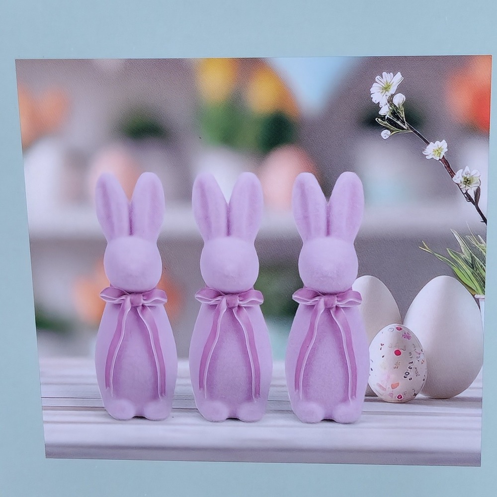 Kirkton House 3PK Small Flocked Bunnies Purple Easter Decor Velvet Ribbon New
